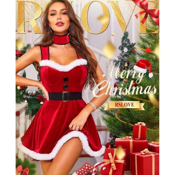 Women’s Red Sexy Santa Costume Xmas Velvet Outfits with Choker Belt - Picture 2 of 5